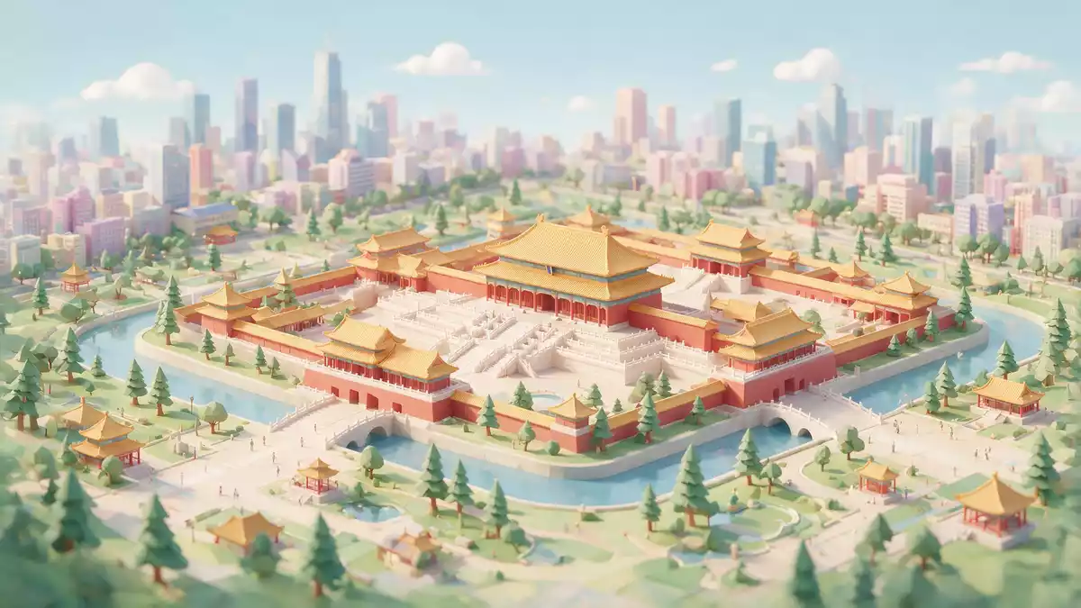 Isometrisches Diorama von Verbotene Stadt Peking in Peking, China in Pastell