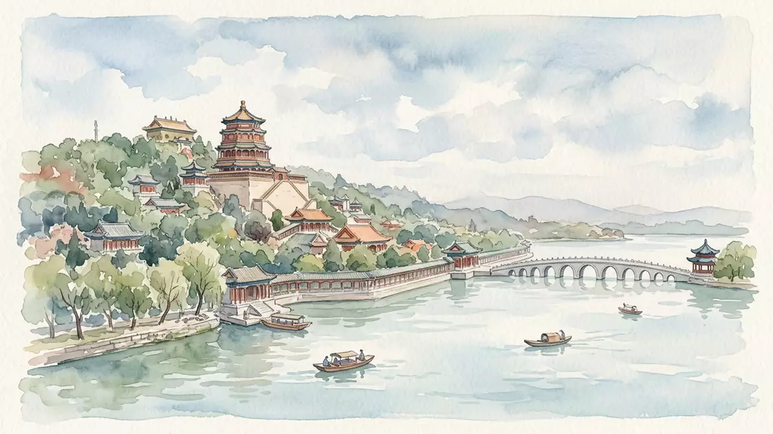 Aquarell-Illustration von Sommerpalast Peking in Peking, China als Reiseposter