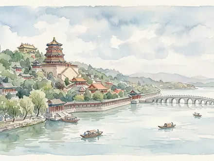Aquarellillustration des Wahrzeichens Sommerpalast Peking in Peking China, weiche Farbverläufe und pastelliges Reiseposter-Feeling - Foto: THN