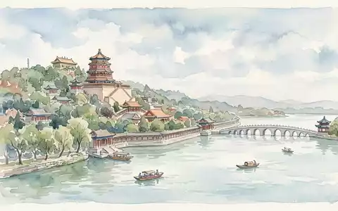 Aquarellillustration des Wahrzeichens Sommerpalast Peking in Peking China, weiche Farbverläufe und pastelliges Reiseposter-Feeling - Foto: THN