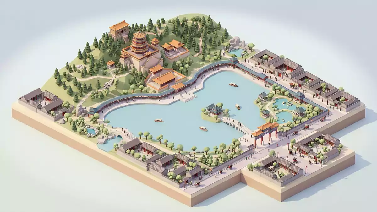 Isometrisches Diorama von Sommerpalast Peking in Peking, China in Pastell