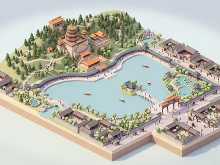 Isometrisches Diorama von Sommerpalast Peking und Umgebung in Peking China, verspielte Low-Poly-Kulisse in Pastellfarben - Foto: THN