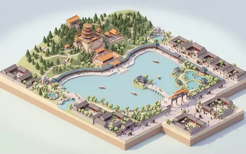 Isometrisches Diorama von Sommerpalast Peking und Umgebung in Peking China, verspielte Low-Poly-Kulisse in Pastellfarben - Foto: THN