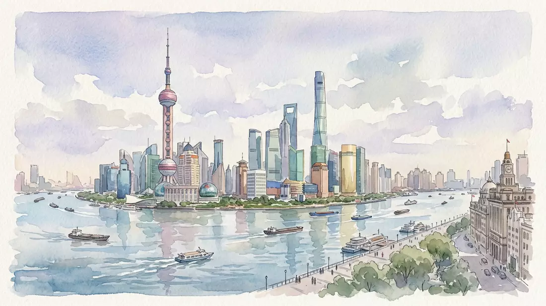 Aquarell-Illustration von Oriental Pearl Tower Shanghai in Shanghai, China als Reiseposter
