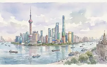 Aquarellillustration des Wahrzeichens Oriental Pearl Tower Shanghai in Shanghai China, weiche Farbverläufe und pastelliges Reiseposter-Feeling - Foto: THN