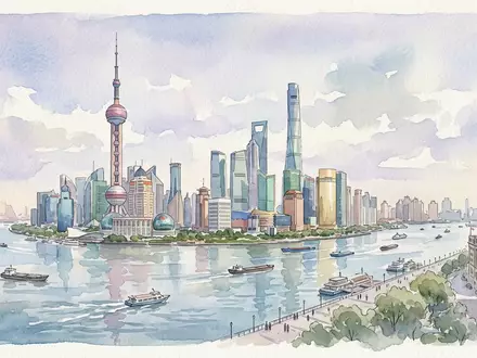 Aquarellillustration des Wahrzeichens Oriental Pearl Tower Shanghai in Shanghai China, weiche Farbverläufe und pastelliges Reiseposter-Feeling - Foto: THN