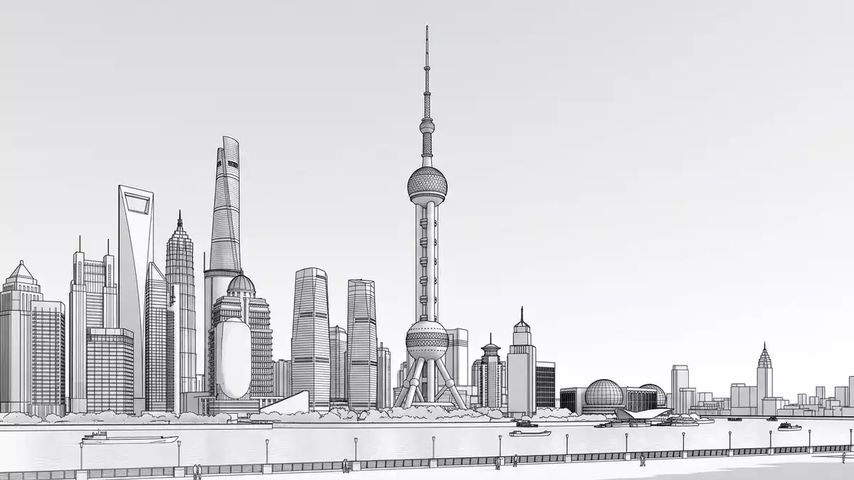 Architektur-Render von Oriental Pearl Tower Shanghai in Shanghai, China bei Tageslicht