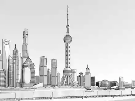 Moderner Architektur-Render zeigt Silhouette von Oriental Pearl Tower Shanghai in Shanghai China, klare Linien und - Foto: THN