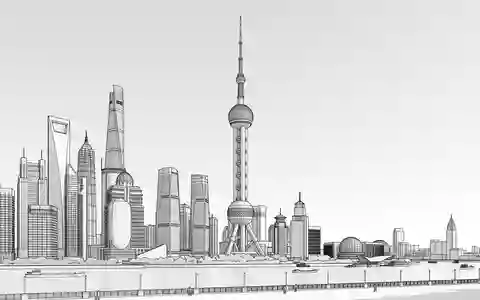 Moderner Architektur-Render zeigt Silhouette von Oriental Pearl Tower Shanghai in Shanghai China, klare Linien und - Foto: THN