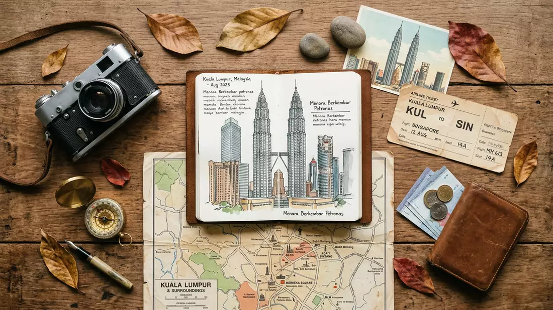 Flatlay-Reise-Arrangement rund um Petronas Towers Kuala Lumpur in Kuala Lumpur, Malaysia