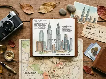 Flatlay-Reise-Arrangement rund um Petronas Towers Kuala Lumpur in Kuala Lumpur Malaysia, Karte Kompass Kamera und - Foto: THN