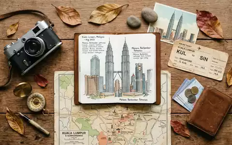 Flatlay-Reise-Arrangement rund um Petronas Towers Kuala Lumpur in Kuala Lumpur Malaysia, Karte Kompass Kamera und - Foto: THN