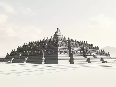 Moderner Architektur-Render zeigt Silhouette von Borobudur in Magelang Indonesien, klare Linien und neutrales Tageslicht - Foto: THN