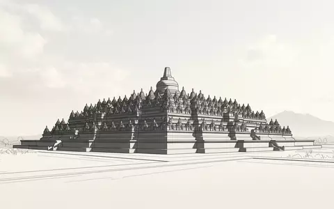 Moderner Architektur-Render zeigt Silhouette von Borobudur in Magelang Indonesien, klare Linien und neutrales Tageslicht - Foto: THN
