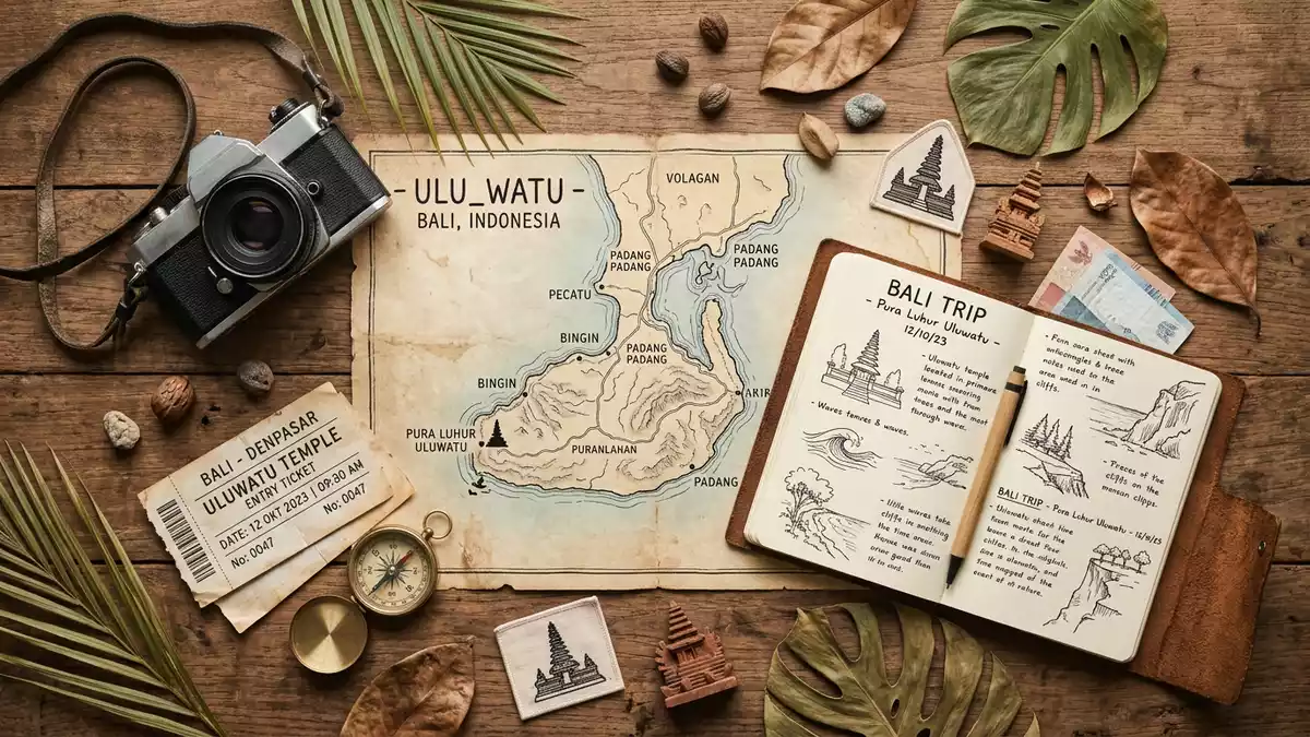 Flatlay-Reise-Arrangement rund um Uluwatu-Tempel Bali in Pecatu, Indonesien