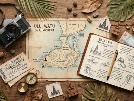 Flatlay-Reise-Arrangement rund um Uluwatu-Tempel Bali in Pecatu Indonesien, Karte Kompass Kamera und generische Reiserequisiten - Foto: THN