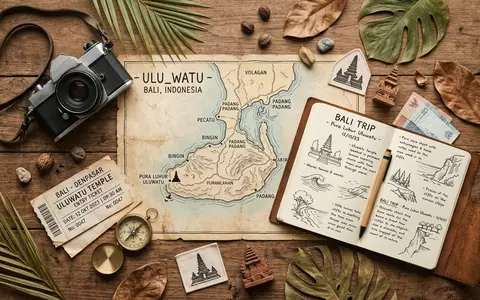 Flatlay-Reise-Arrangement rund um Uluwatu-Tempel Bali in Pecatu Indonesien, Karte Kompass Kamera und generische Reiserequisiten - Foto: THN