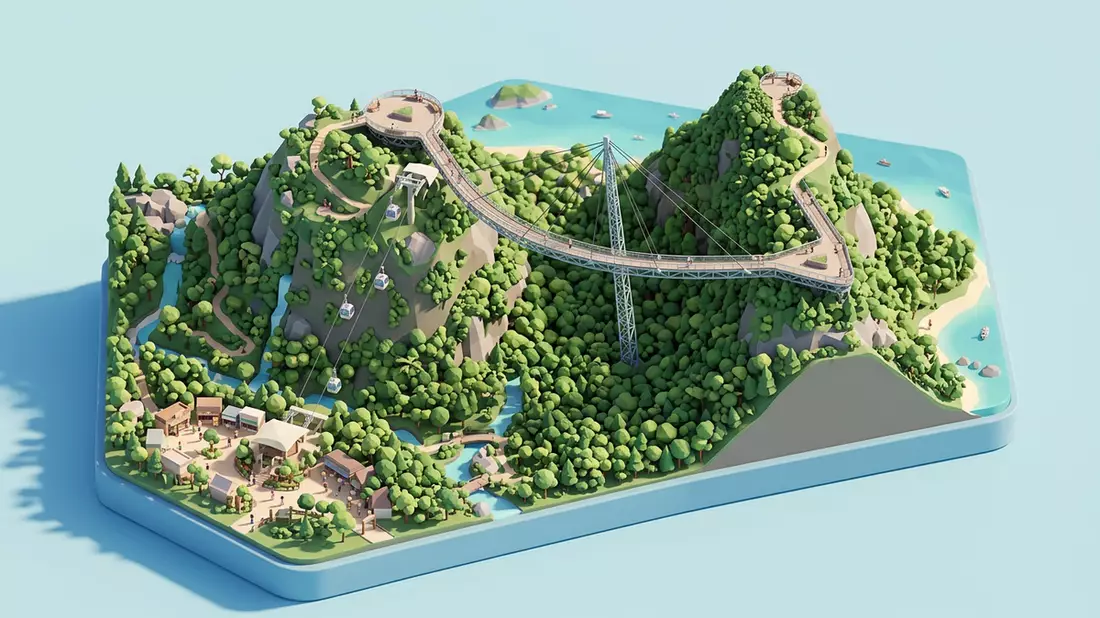 Isometrisches Diorama von Langkawi Sky Bridge in Langkawi, Malaysia in Pastell