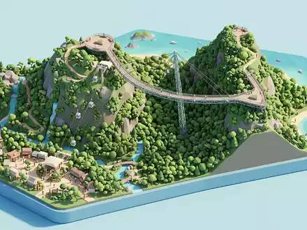 Isometrisches Diorama von Langkawi Sky Bridge und Umgebung in Langkawi Malaysia, verspielte Low-Poly-Kulisse in Pastellfarben - Foto: THN