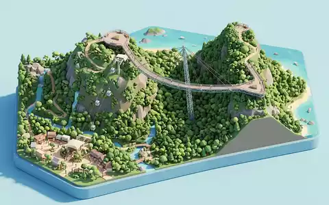 Isometrisches Diorama von Langkawi Sky Bridge und Umgebung in Langkawi Malaysia, verspielte Low-Poly-Kulisse in Pastellfarben - Foto: THN