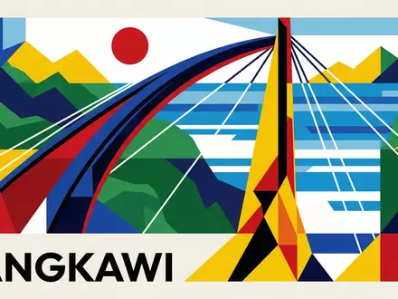 Bauhaus-Poster als geometrische Abstraktion von Langkawi Sky Bridge in Langkawi Malaysia, kraeftige Grundfarben und harte - Foto: THN