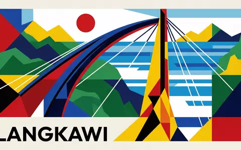 Bauhaus-Poster als geometrische Abstraktion von Langkawi Sky Bridge in Langkawi Malaysia, kraeftige Grundfarben und harte - Foto: THN