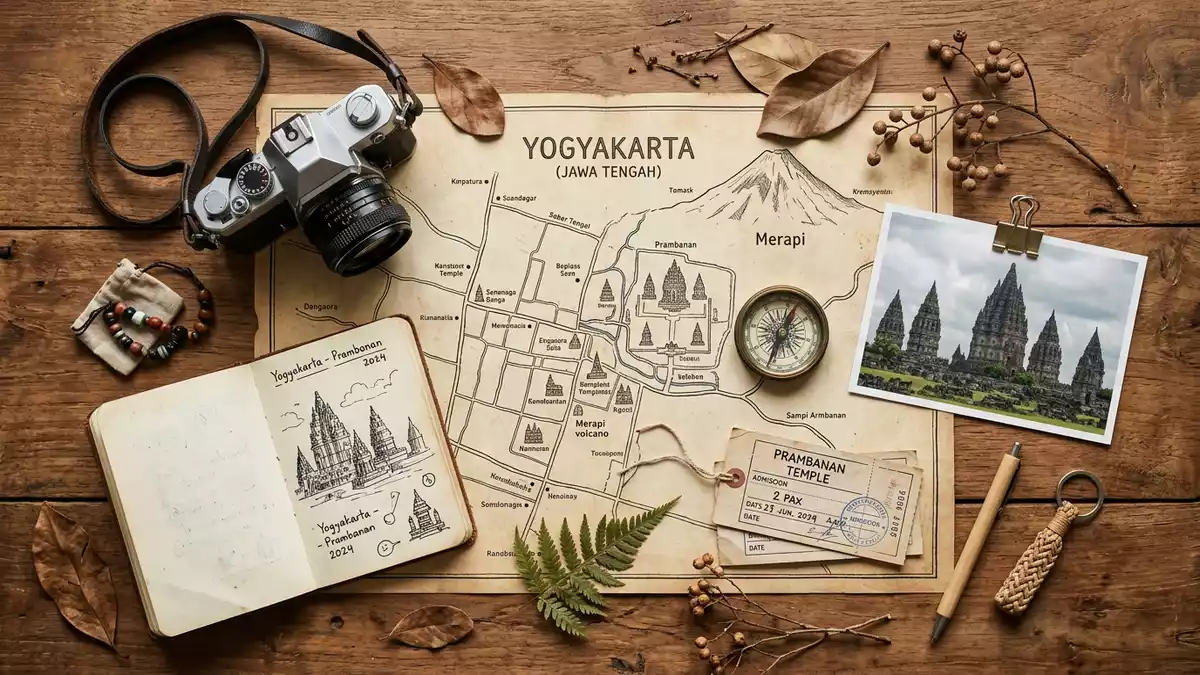 Flatlay-Reise-Arrangement rund um Prambanan in Yogyakarta, Indonesien