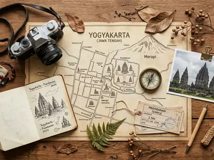 Flatlay-Reise-Arrangement rund um Prambanan in Yogyakarta Indonesien, Karte Kompass Kamera und generische Reiserequisiten - Foto: THN