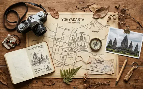 Flatlay-Reise-Arrangement rund um Prambanan in Yogyakarta Indonesien, Karte Kompass Kamera und generische Reiserequisiten - Foto: THN