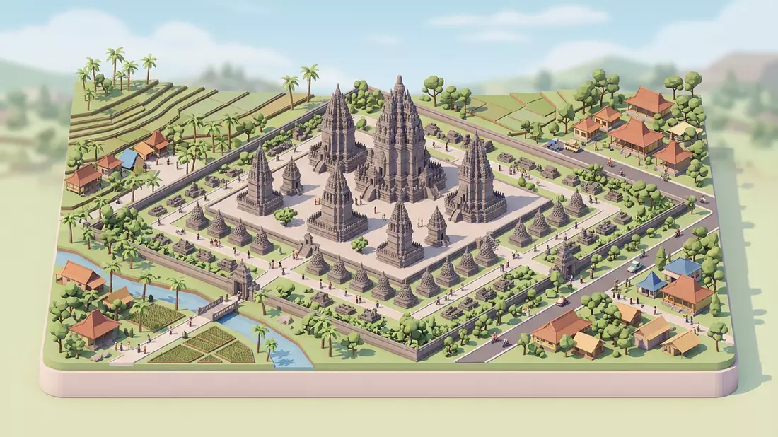 Isometrisches Diorama von Prambanan in Yogyakarta, Indonesien in Pastell