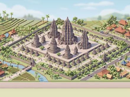 Isometrisches Diorama von Prambanan und Umgebung in Yogyakarta Indonesien, verspielte Low-Poly-Kulisse in Pastellfarben - Foto: THN