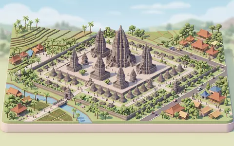 Isometrisches Diorama von Prambanan und Umgebung in Yogyakarta Indonesien, verspielte Low-Poly-Kulisse in Pastellfarben - Foto: THN