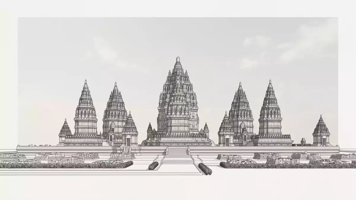 Architektur-Render von Prambanan in Yogyakarta, Indonesien bei Tageslicht