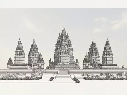 Moderner Architektur-Render zeigt Silhouette von Prambanan in Yogyakarta Indonesien, klare Linien und neutrales Tageslicht - Foto: THN