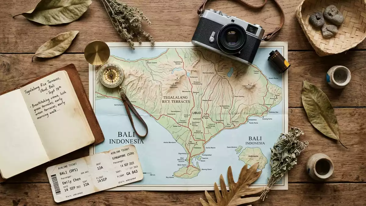 Flatlay-Reise-Arrangement rund um Reisterrassen Tegallalang in Ubud, Indonesien
