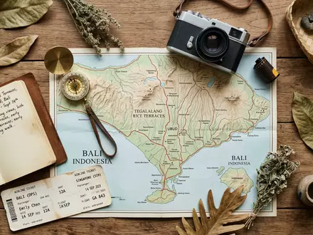 Flatlay-Reise-Arrangement rund um Reisterrassen Tegallalang in Ubud Indonesien, Karte Kompass Kamera und generische Reiserequisiten - Foto: THN