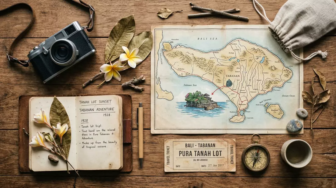 Flatlay-Reise-Arrangement rund um Tanah Lot Bali in Tabanan, Indonesien