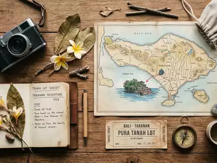 Flatlay-Reise-Arrangement rund um Tanah Lot Bali in Tabanan Indonesien, Karte Kompass Kamera und generische Reiserequisiten - Foto: THN