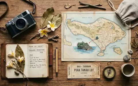 Flatlay-Reise-Arrangement rund um Tanah Lot Bali in Tabanan Indonesien, Karte Kompass Kamera und generische Reiserequisiten - Foto: THN
