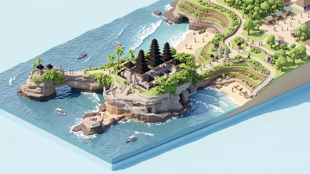 Isometrisches Diorama von Tanah Lot Bali in Tabanan, Indonesien in Pastell
