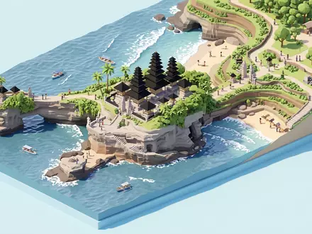 Isometrisches Diorama von Tanah Lot Bali und Umgebung in Tabanan Indonesien, verspielte Low-Poly-Kulisse in Pastellfarben - Foto: THN