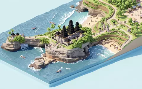 Isometrisches Diorama von Tanah Lot Bali und Umgebung in Tabanan Indonesien, verspielte Low-Poly-Kulisse in Pastellfarben - Foto: THN