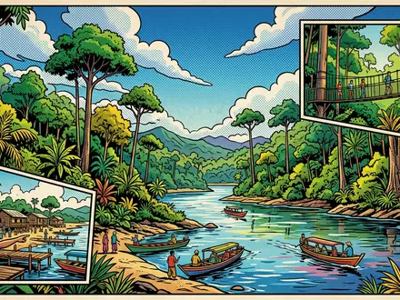 Pop-Art-Comicillustration des Wahrzeichens Taman Negara in Kuala Tahan Malaysia, kraeftige Konturen Rasterpunkte und satte Farben - Foto: THN