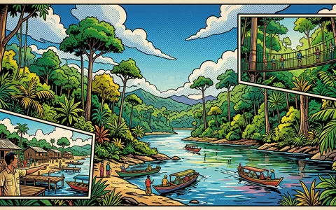 Pop-Art-Comicillustration des Wahrzeichens Taman Negara in Kuala Tahan Malaysia, kraeftige Konturen Rasterpunkte und satte Farben - Foto: THN