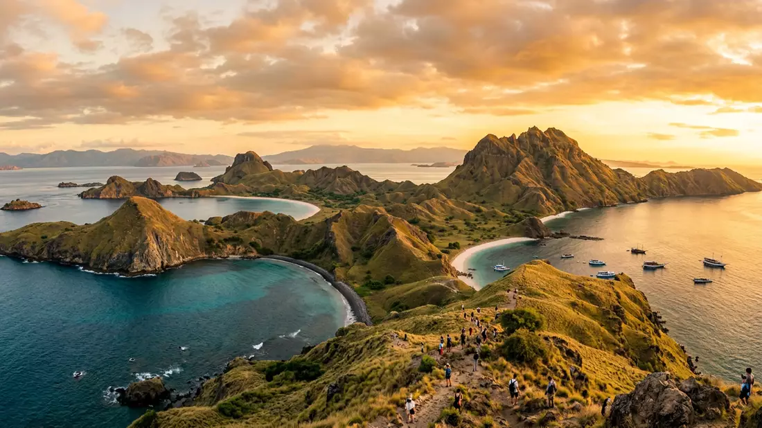 Fotorealistische Ansicht von Komodo-Nationalpark in Labuan Bajo, Indonesien im Abendlicht