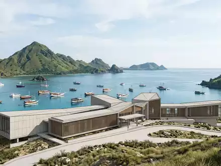 Moderner Architektur-Render zeigt Silhouette von Komodo-Nationalpark in Labuan Bajo Indonesien, klare Linien und neutrales Tageslicht - Foto: THN