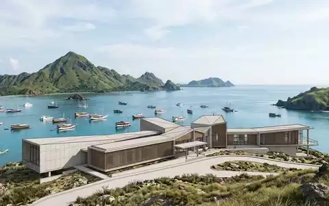 Moderner Architektur-Render zeigt Silhouette von Komodo-Nationalpark in Labuan Bajo Indonesien, klare Linien und neutrales Tageslicht - Foto: THN
