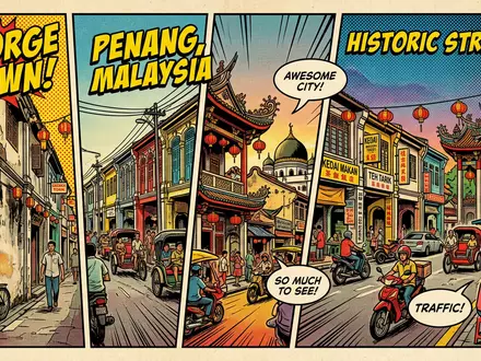Pop-Art-Comicillustration des Wahrzeichens George Town Penang in George Town Malaysia, kraeftige Konturen Rasterpunkte und satte - Foto: THN