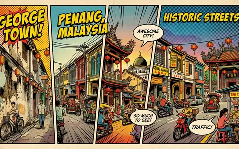 Pop-Art-Comicillustration des Wahrzeichens George Town Penang in George Town Malaysia, kraeftige Konturen Rasterpunkte und satte - Foto: THN
