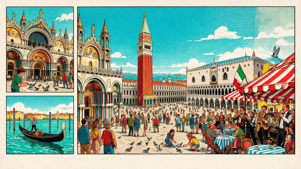 Pop-Art-Comic von Markusplatz Venedig in Venedig, Italien mit Rasterpunkten